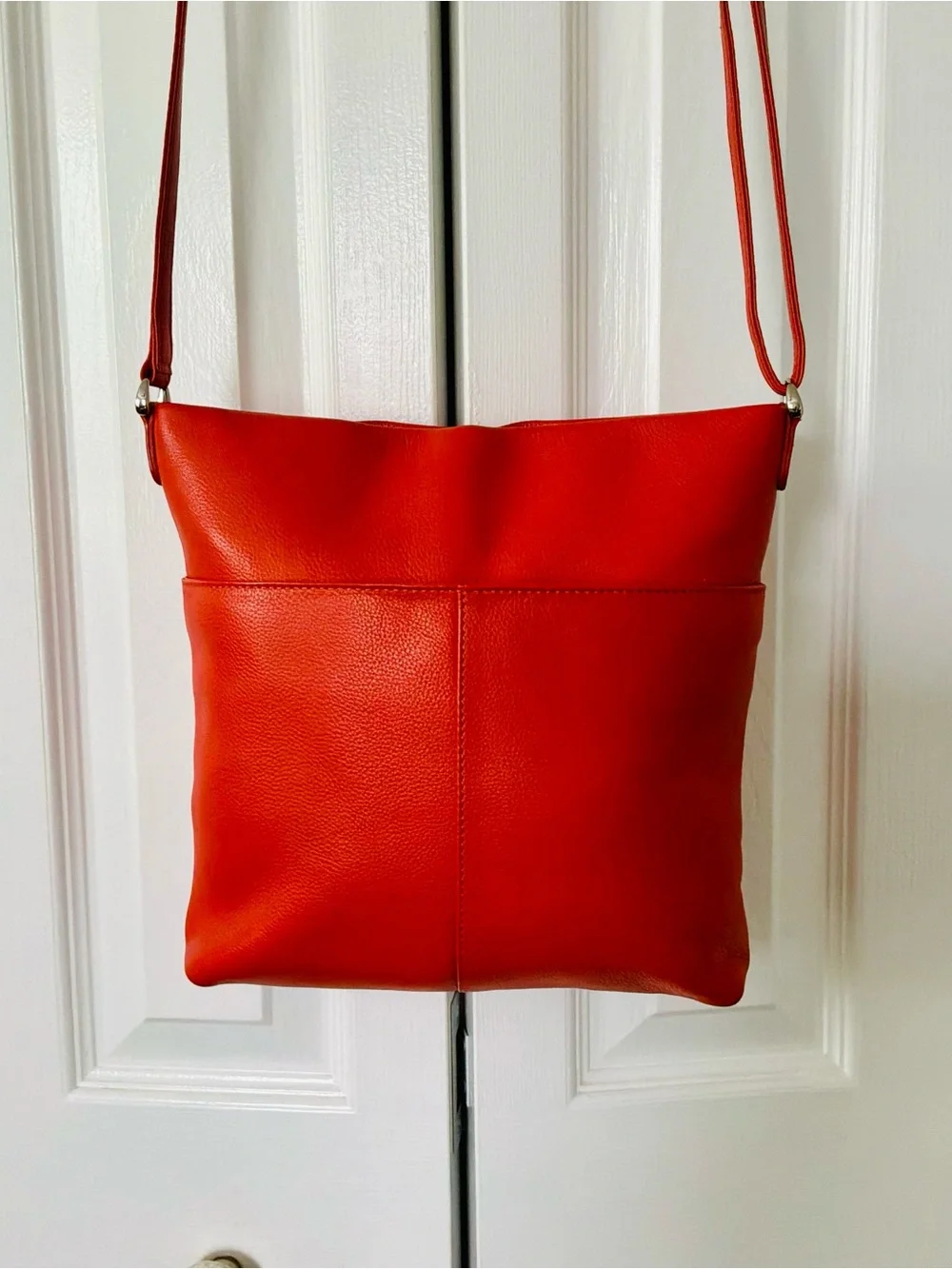 ili New York Double Zip Genuine Leather Organizer Crossbody Bag-Vibrant Orange